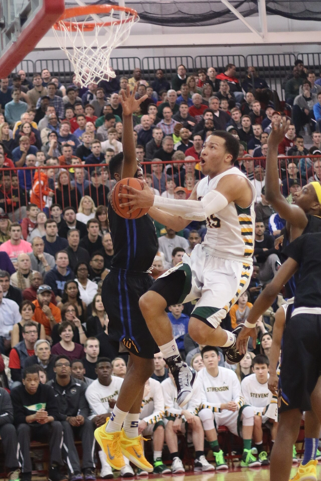 Jalen Brunson 在場上運球切入（攝影：TonyTheTiger，CC BY-SA 4.0，Wikimedia Commons）