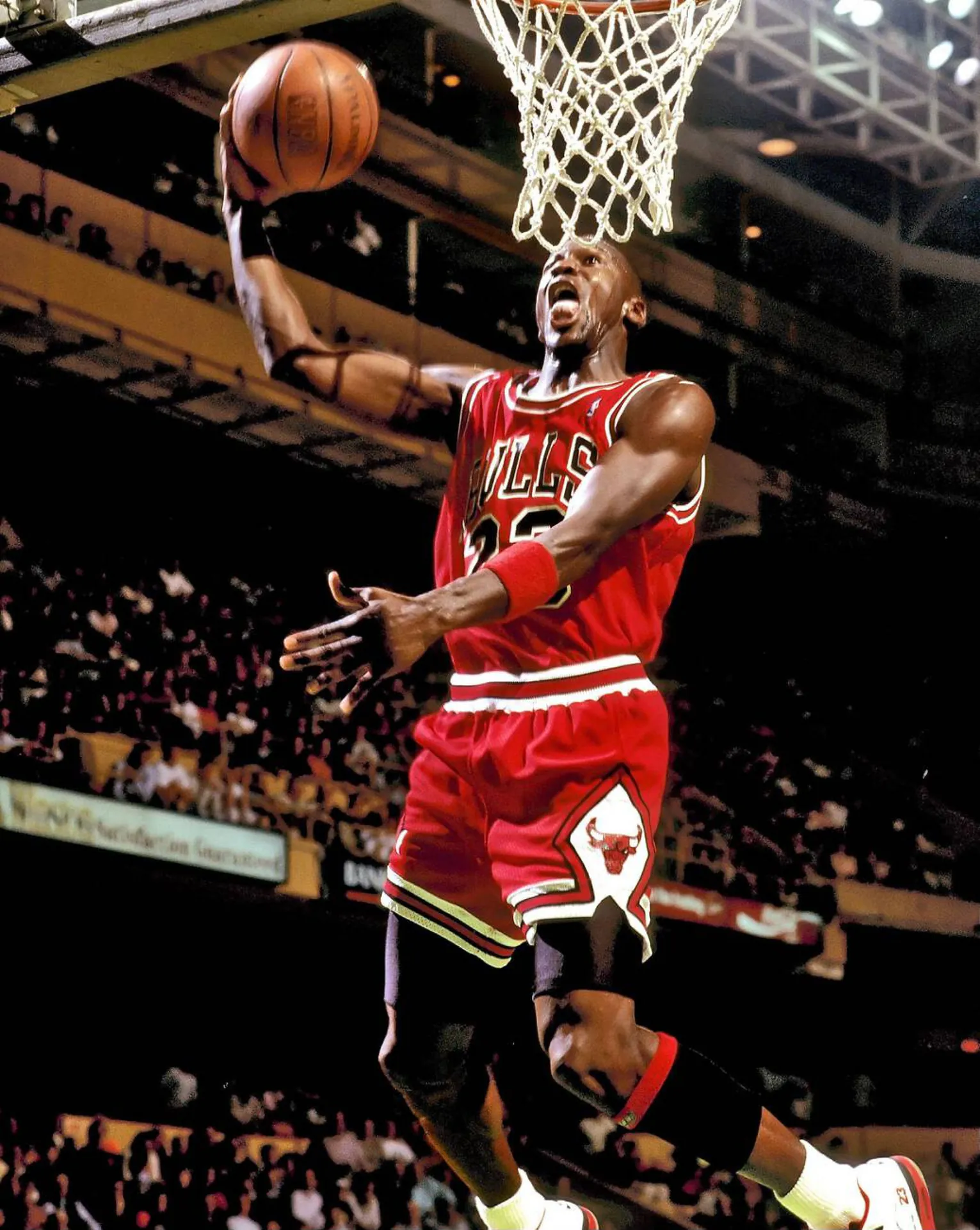 1987-88 球季公牛 Michael Jordan 單手飛身灌籃，攝影 Steve Lipofsky，CC BY-SA 3.0