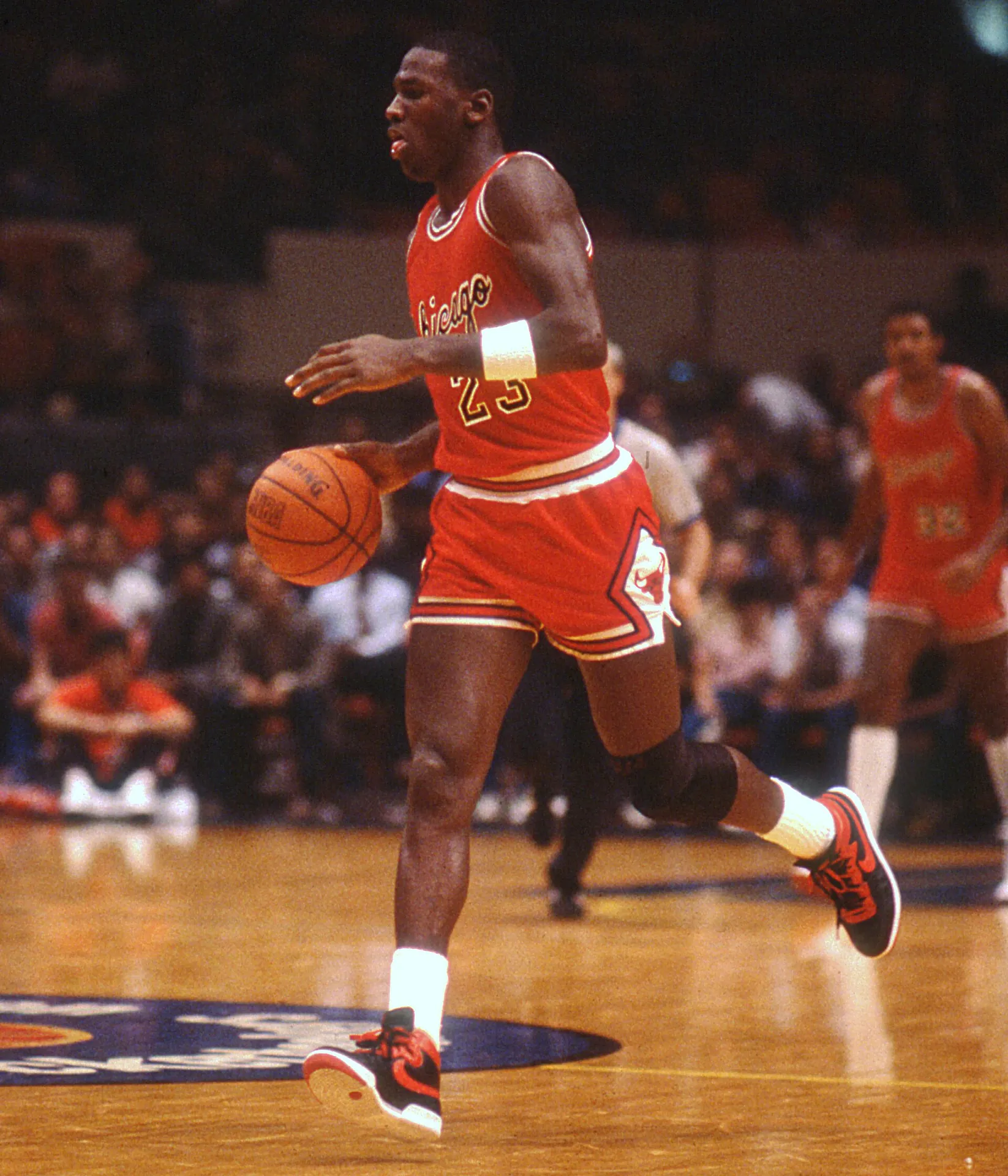 1984 年新秀 Michael Jordan 在麥迪遜廣場花園運球推進，攝影 Carmine Galasso，公有領域